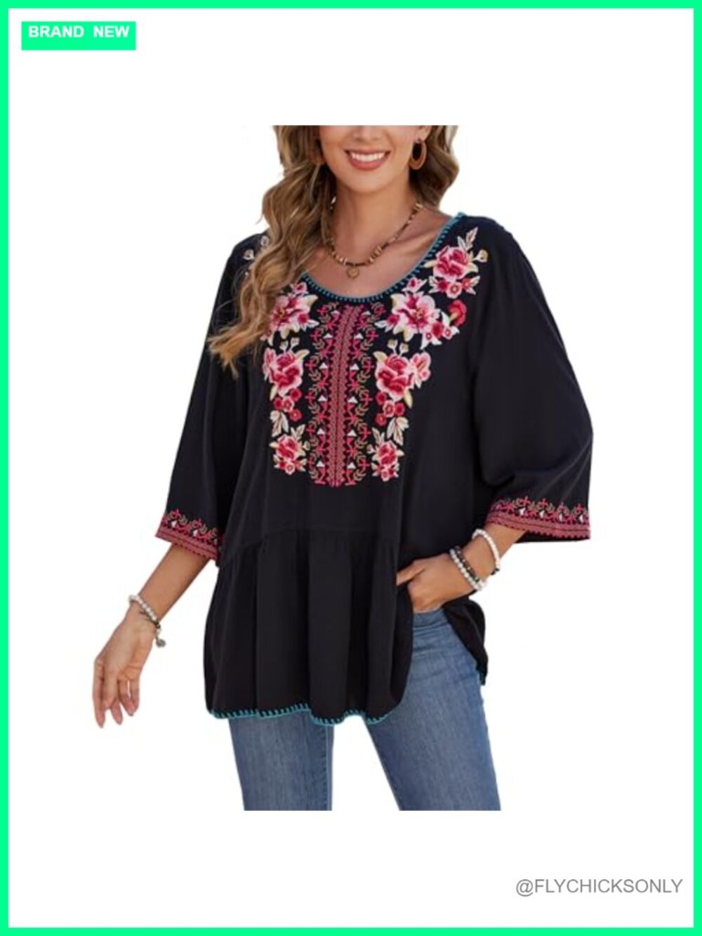Floral Embroidered Peasant Tunic Top 3/4 Sleeve Boho Blouse Plus Size